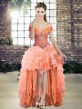 Organza Off The Shoulder Sleeveless Lace Up Beading and Ruffled Layers in Orange