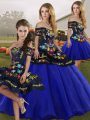 Colorful Sleeveless Tulle Floor Length Lace Up Ball Gown Prom Dress in Royal Blue with Embroidery