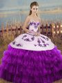 Shining Sweetheart Sleeveless Quinceanera Dress Floor Length Embroidery and Ruffled Layers and Bowknot White And Purple Organza