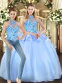 Halter Top Sleeveless Lace Up Quinceanera Dresses Blue Organza