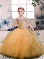Gold Tulle Lace Up Winning Pageant Gowns Sleeveless Floor Length Beading and Ruffles