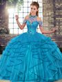Tulle Halter Top Sleeveless Lace Up Beading and Ruffles 15th Birthday Dress in Blue