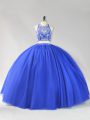 Beauteous Royal Blue Backless Quinceanera Gowns Beading Sleeveless Floor Length