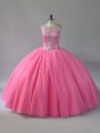 Custom Fit Pink Ball Gowns Scoop Sleeveless Beading Lace Up Quinceanera Gowns