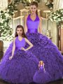 Fashionable Floor Length Purple 15th Birthday Dress Halter Top Sleeveless Lace Up
