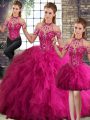 Designer Fuchsia Tulle Lace Up Halter Top Sleeveless Floor Length Ball Gown Prom Dress Beading and Ruffles