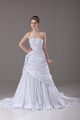 Fancy White A-line Taffeta Strapless Sleeveless Beading and Pick Ups and Hand Made Flower Lace Up Wedding Gowns Brush Train