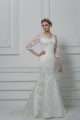 White Lace Lace Up Wedding Gown 3 4 Length Sleeve Brush Train Lace and Hand Made Flower