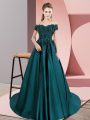 Sweet Satin Off The Shoulder Sleeveless Court Train Zipper Lace Sweet 16 Dress in Teal