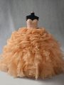 Customized Gold Organza Lace Up Ball Gown Prom Dress Sleeveless Floor Length Beading and Ruffles and Pick Ups