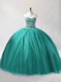 Turquoise Ball Gowns Sweetheart Sleeveless Tulle Floor Length Lace Up Beading Vestidos de Quinceanera