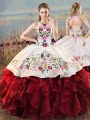Beautiful Floor Length Ball Gowns Sleeveless White And Red Quince Ball Gowns Lace Up