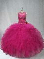 Shining Fuchsia Sleeveless Tulle Lace Up Sweet 16 Dresses for Sweet 16 and Quinceanera