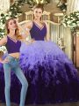 Fabulous Purple and Multi-color Tulle Backless Quinceanera Dresses Sleeveless Floor Length Beading and Ruffles