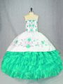 Turquoise Ball Gowns Embroidery and Ruffled Layers 15 Quinceanera Dress Lace Up Organza Sleeveless Floor Length