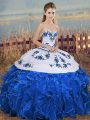 Exceptional Organza Sweetheart Sleeveless Lace Up Embroidery and Ruffles and Bowknot 15 Quinceanera Dress in Blue And White