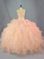 Peach Sleeveless Floor Length Beading and Ruffles Lace Up Quinceanera Gown