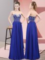 Deluxe Royal Blue Sleeveless Floor Length Beading Zipper Dress for Prom
