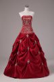 Fashionable Wine Red Lace Up Strapless Embroidery and Pick Ups Sweet 16 Dresses Taffeta Sleeveless