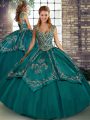 Edgy Sleeveless Tulle Floor Length Lace Up Sweet 16 Quinceanera Dress in Teal with Beading and Embroidery