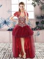 Eye-catching Off The Shoulder Sleeveless Prom Gown High Low Beading and Ruffles Burgundy Tulle