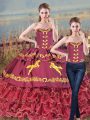 Delicate Sleeveless Satin and Organza Brush Train Lace Up Quinceanera Dresses in Burgundy with Embroidery and Ruffles