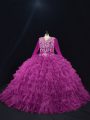 Ball Gowns Quinceanera Dress Purple V-neck Organza Long Sleeves Floor Length Lace Up