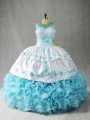 Baby Blue Fabric With Rolling Flowers Lace Up Scoop Sleeveless Floor Length Quince Ball Gowns Beading and Embroidery and Ruffles