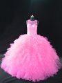 Deluxe Baby Pink Lace Up Ball Gown Prom Dress Beading and Ruffles Sleeveless