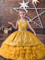 Satin and Organza Straps Sleeveless Lace Up Embroidery and Ruffled Layers High School Pageant Dress in Gold