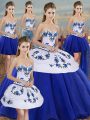Pretty Royal Blue Sweetheart Neckline Embroidery and Bowknot Quinceanera Gown Sleeveless Lace Up