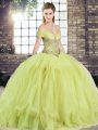 Off The Shoulder Sleeveless Quince Ball Gowns Floor Length Beading and Ruffles Yellow Green Tulle
