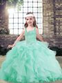 Apple Green Ball Gowns Straps Sleeveless Tulle Floor Length Lace Up Beading and Ruffles Pageant Dresses