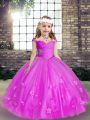 Sleeveless Floor Length Beading and Hand Made Flower Lace Up Little Girl Pageant Dress with Fuchsia