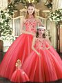 Cheap Coral Red Tulle Lace Up Halter Top Sleeveless Floor Length Vestidos de Quinceanera Embroidery