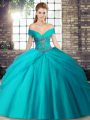 Teal Tulle Lace Up Off The Shoulder Sleeveless Quince Ball Gowns Brush Train Beading and Pick Ups