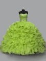 Super Sleeveless Floor Length Beading and Ruffles Lace Up Vestidos de Quinceanera with Yellow Green