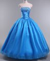 Sexy Blue Strapless Lace Up Beading Quince Ball Gowns Sleeveless