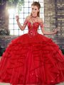 Decent Sleeveless Floor Length Beading and Ruffles Lace Up Quinceanera Gowns with Red