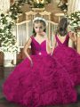 Floor Length Backless Little Girls Pageant Dress Fuchsia for Party and Sweet 16 and Wedding Party with Beading