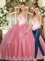 Watermelon Red Tulle Lace Up Ball Gown Prom Dress Sleeveless Floor Length Beading and Appliques