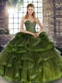Sleeveless Tulle Floor Length Lace Up Ball Gown Prom Dress in Olive Green with Beading and Ruffles