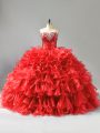 Red Sleeveless Beading and Ruffles and Sequins Floor Length Sweet 16 Dress