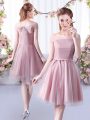 Pink Tulle Lace Up Off The Shoulder Sleeveless Knee Length Dama Dress Belt