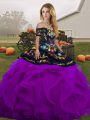 High Class Black And Purple Sleeveless Floor Length Embroidery and Ruffles Lace Up 15 Quinceanera Dress