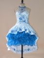 Embroidery and Ruffles Evening Dress Blue Lace Up Sleeveless High Low