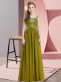Olive Green Chiffon Lace Up Straps Cap Sleeves Floor Length Prom Dress Beading and Ruching