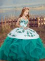 Nice Teal Straps Lace Up Embroidery and Ruffles Little Girl Pageant Dress Sleeveless