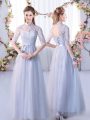 Decent Half Sleeves Floor Length Lace Lace Up Wedding Guest Dresses with Grey