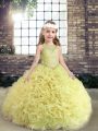Yellow Green Fabric With Rolling Flowers Lace Up Kids Pageant Dress Sleeveless Floor Length Beading